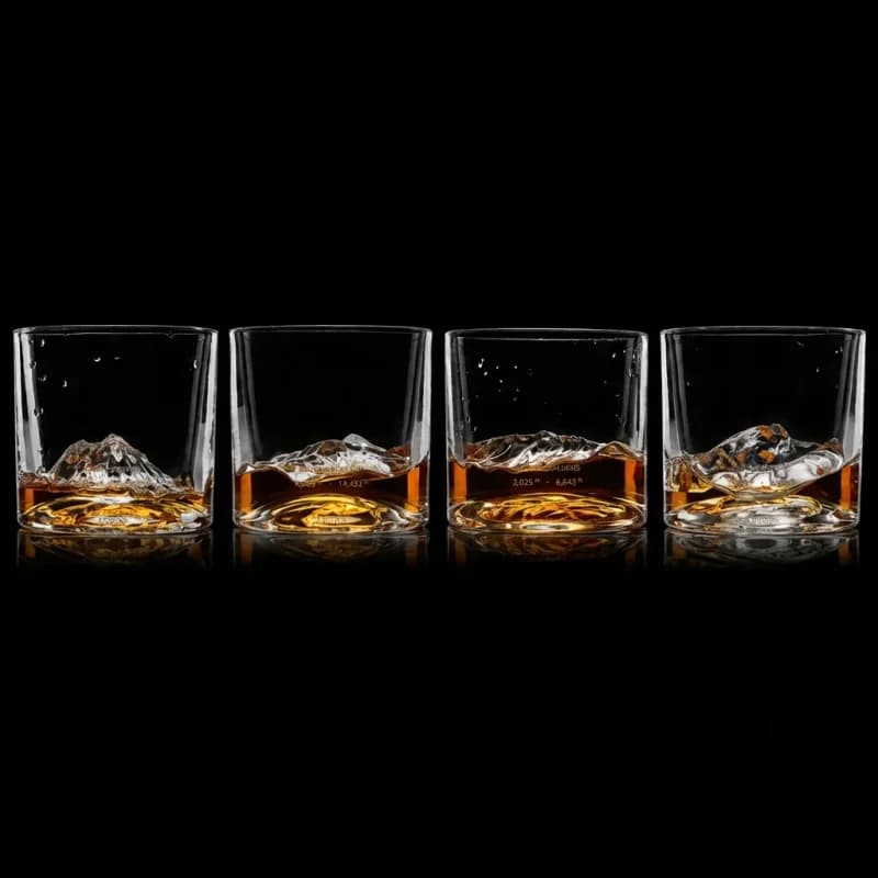 LIITON Peaks Crystal Whiskey Glasses set of 4 with Denali, Mont Blanc, K2, and Mt. Fuji mountain replicas