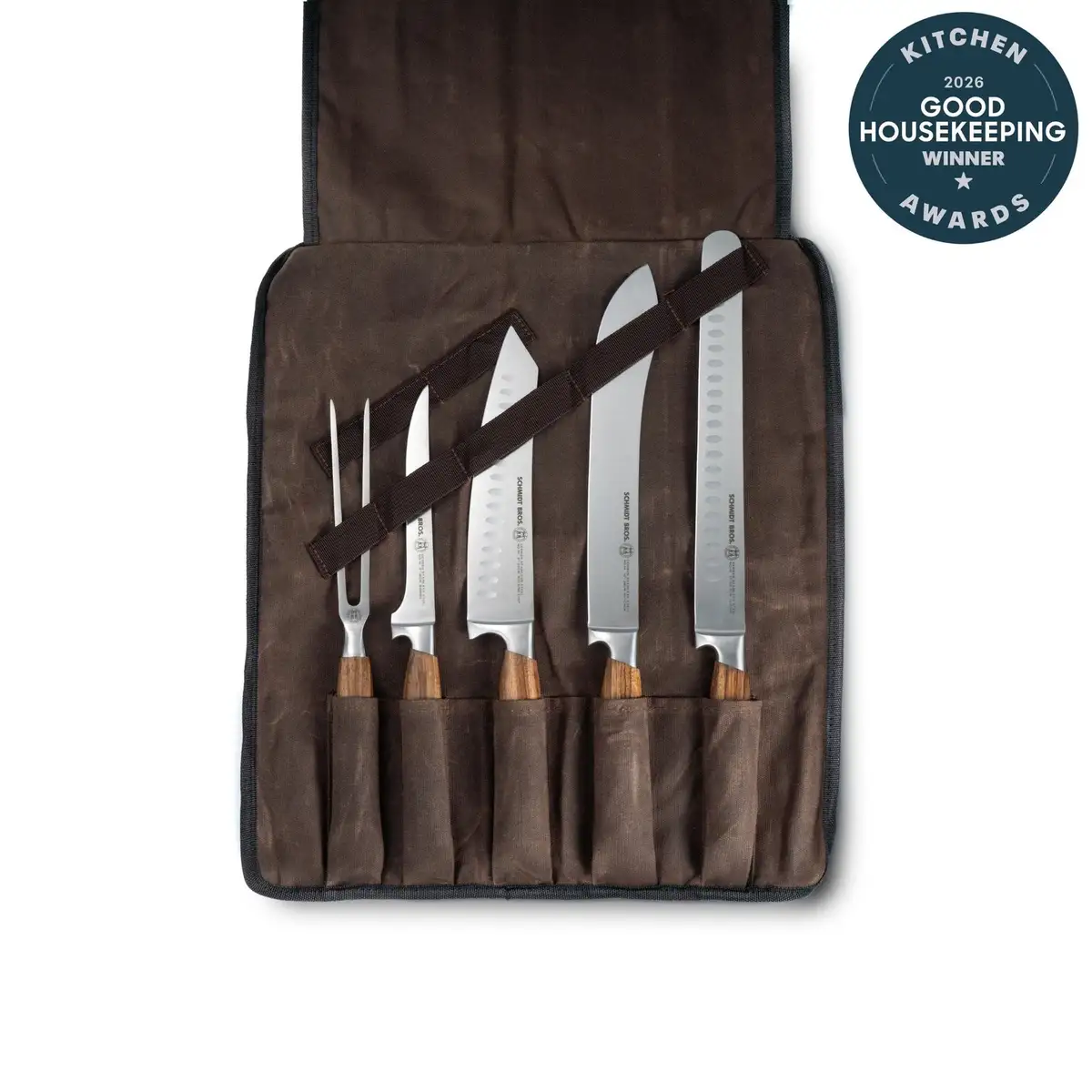 Schmidt Bros. Zebra Wood 6-Piece BBQ Knife Set displayed in waxed canvas roll — brisket slicer, butcher knife, chef's knife, boning knife, and carving fork with zebra wood handles, Good Housekeeping 2026 Kitchen Award Winner