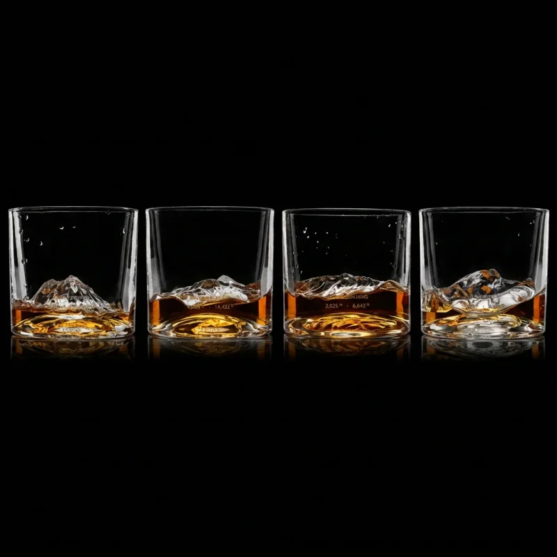 LIITON Peaks Crystal Whiskey Glasses set of 4 with Denali, Mont Blanc, K2, and Mt. Fuji mountain replicas